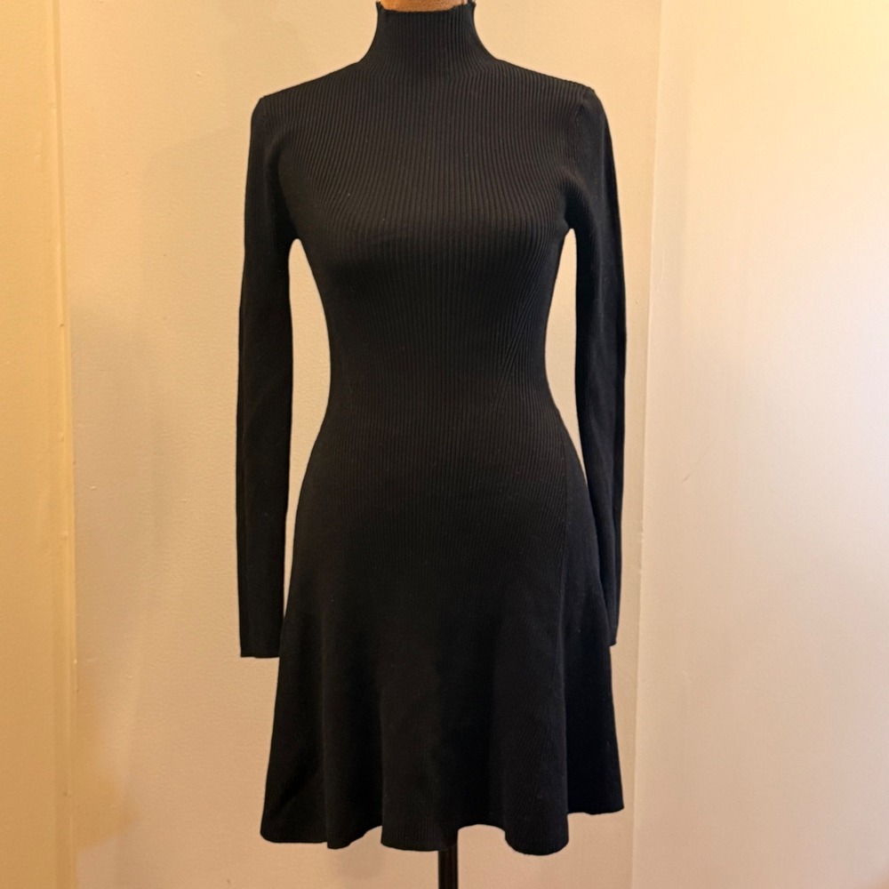Zara Knit Dress Women S Black Ribbed Mock Neck Long Sleeve Fit & Flare LBD Basic